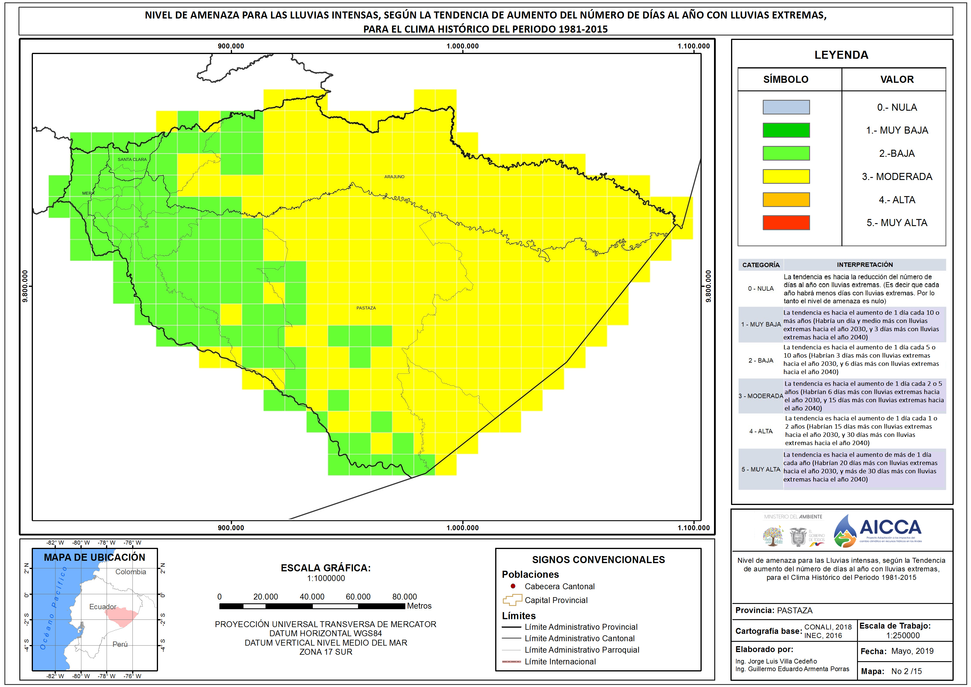 Mapa de índice de lluvias intensas provincia Pastaza