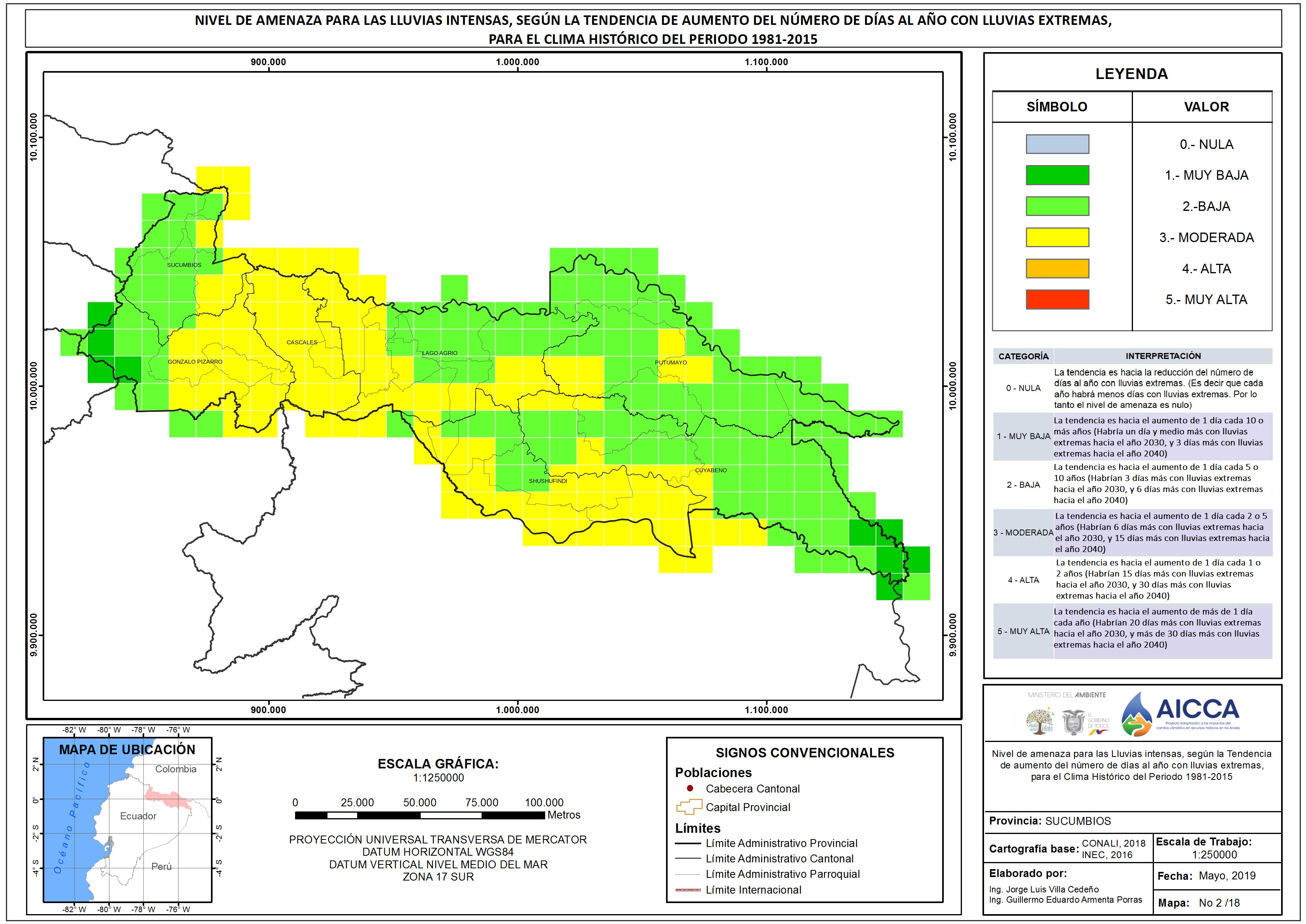 Mapa de índice de lluvias intensas provincia Sucumbíos