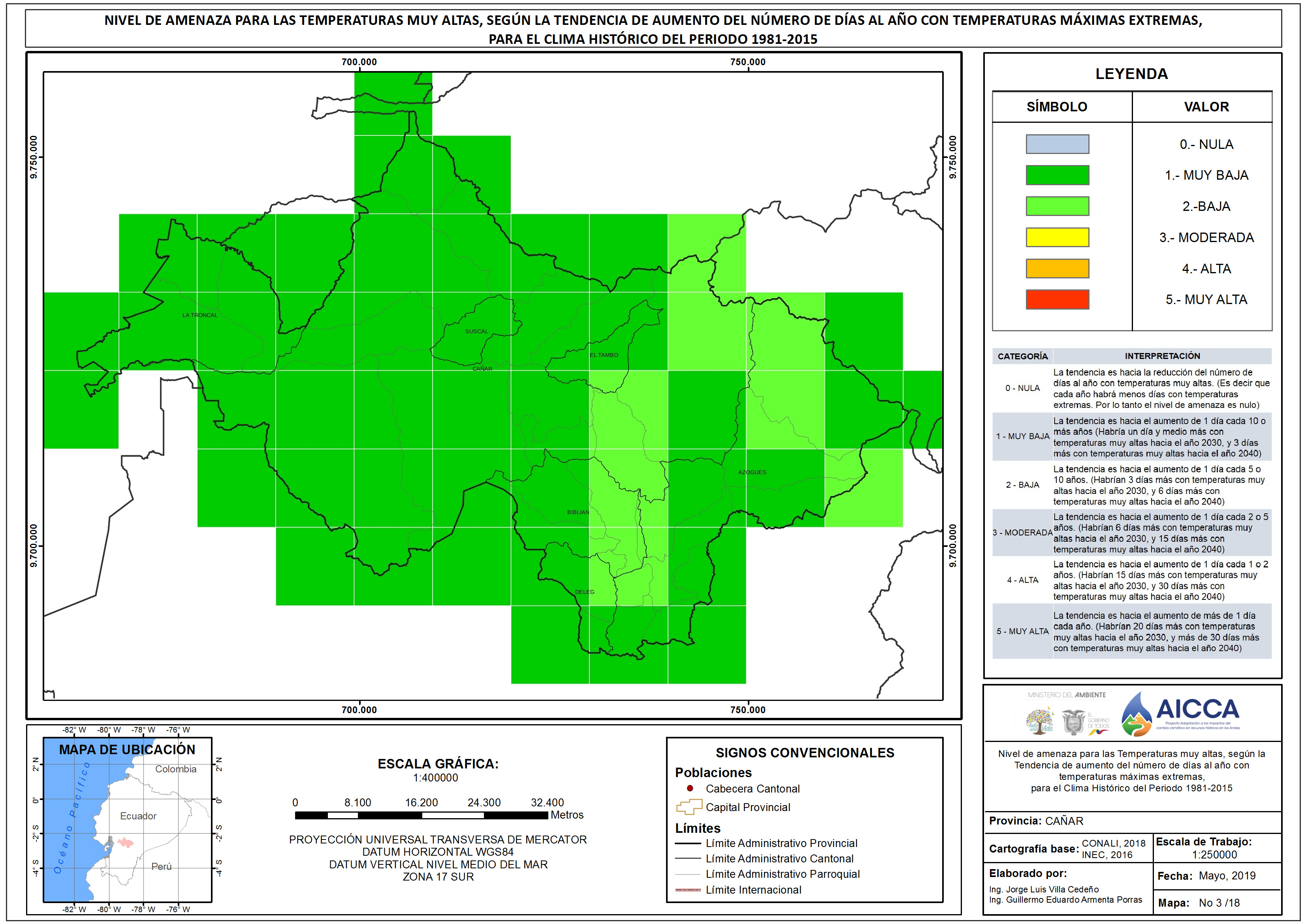 Mapa de Índice de Temperaturas muy Altas Provincia Cañar