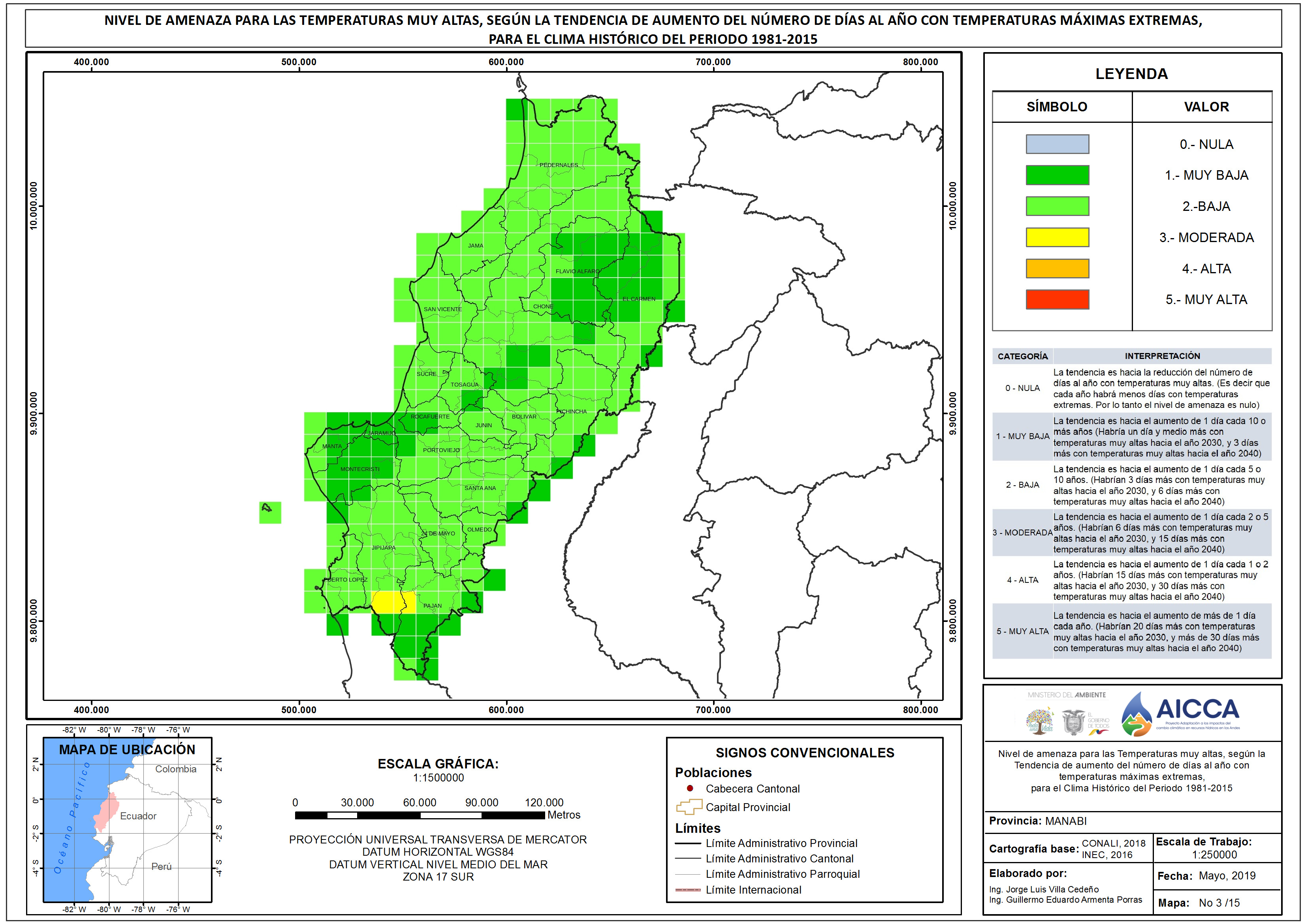 Mapa de índice de temperaturas muy altas provincia Manabí