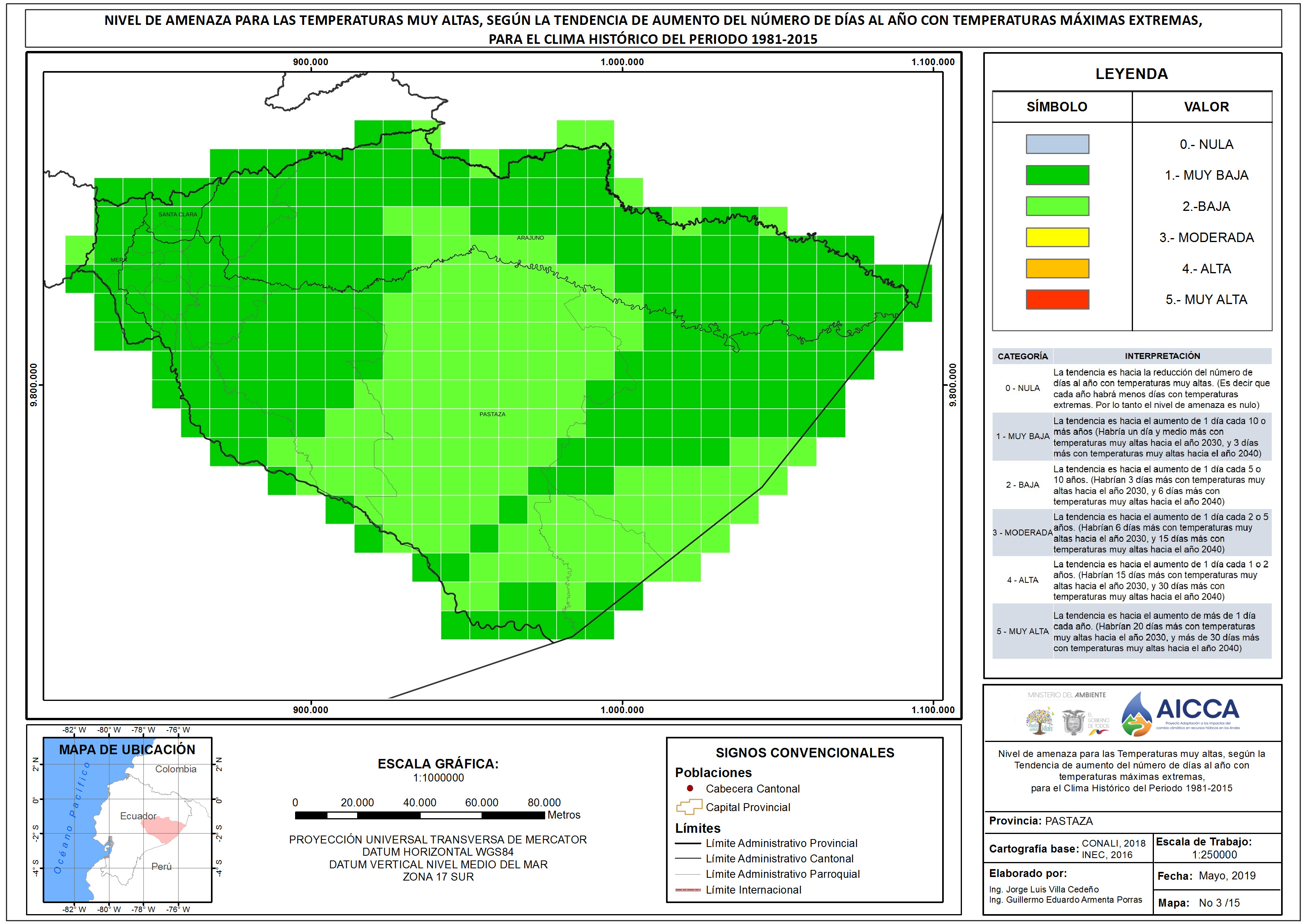 Mapa de índice de temperaturas muy altas provincia Pastaza