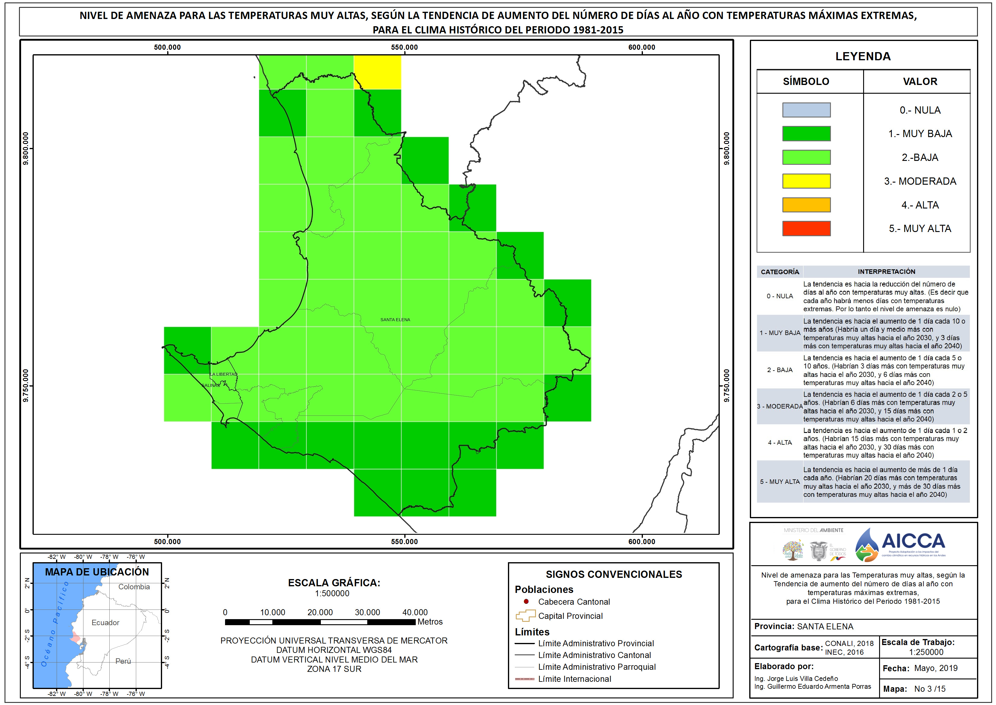 Mapa de índice de temperaturas muy altas provincia Santa Elena