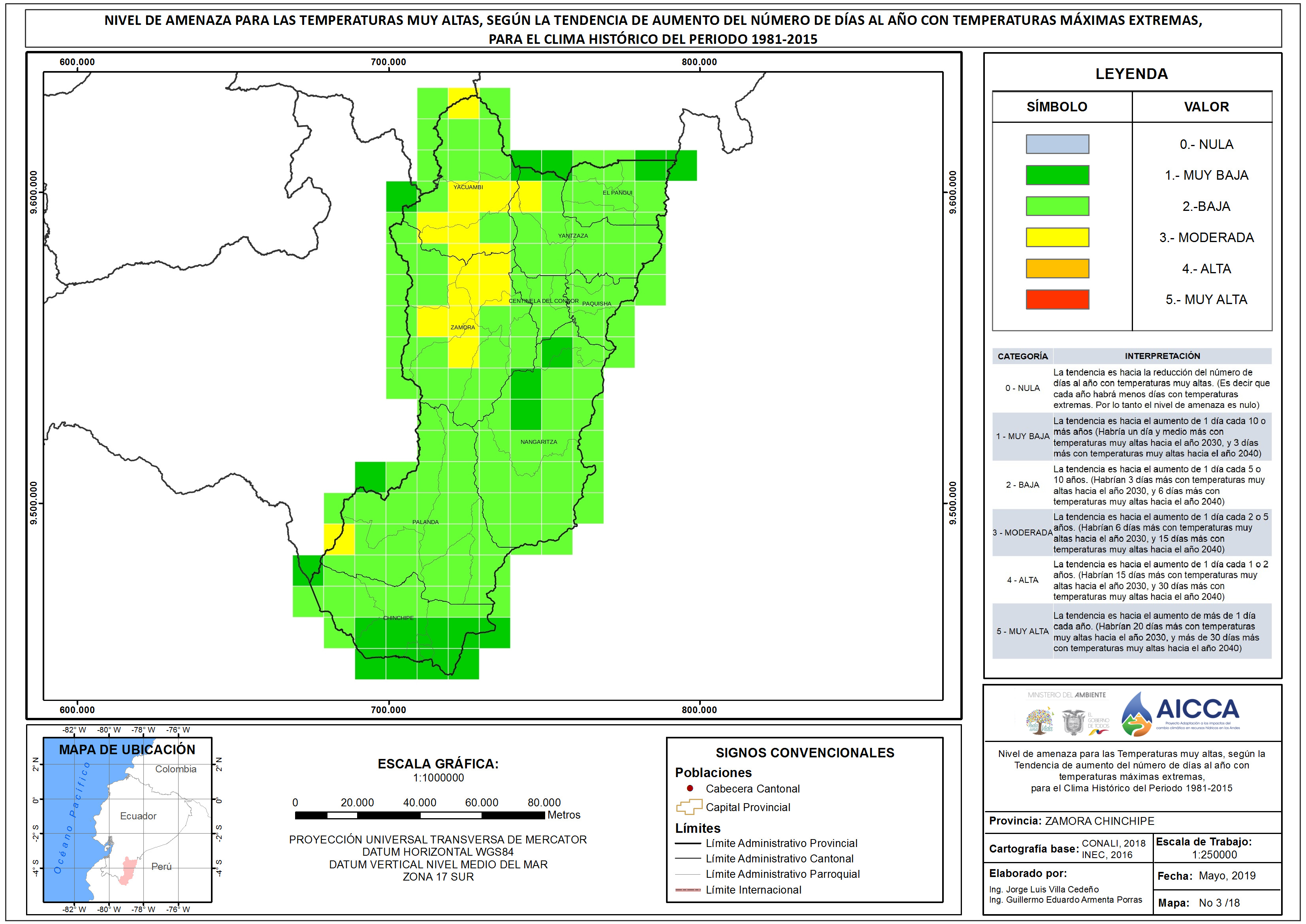 Mapa de índice de temperaturas muy altas provincia Zamora Chinchipe