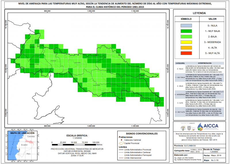 Mapa de índice de temperaturas muy altas provincia Sucumbíos