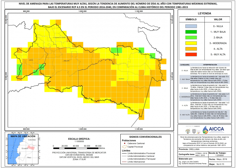 Mapa de índice de temperaturas muy altas provincia Orellana