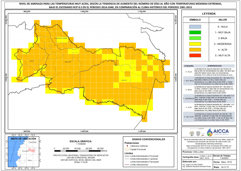 Mapa de índice de temperaturas muy altas provincia Orellana