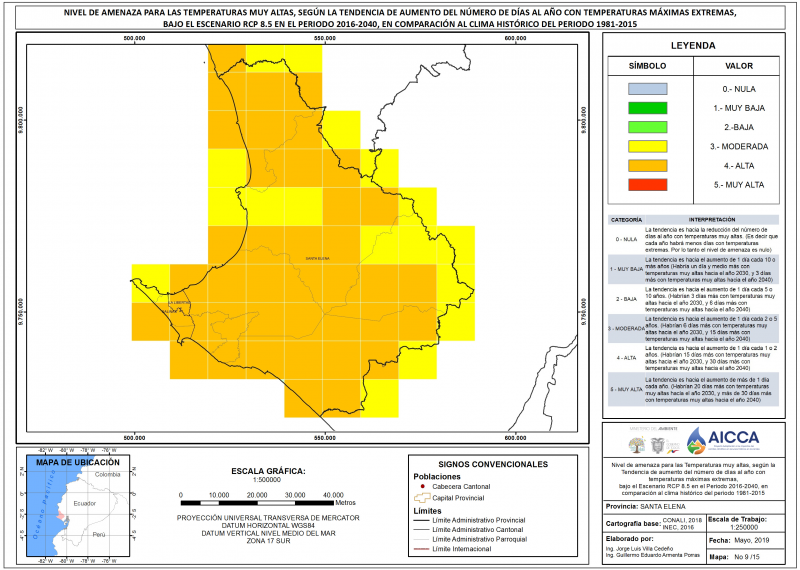 Mapa de índice de temperaturas muy altas provincia Santa Elena