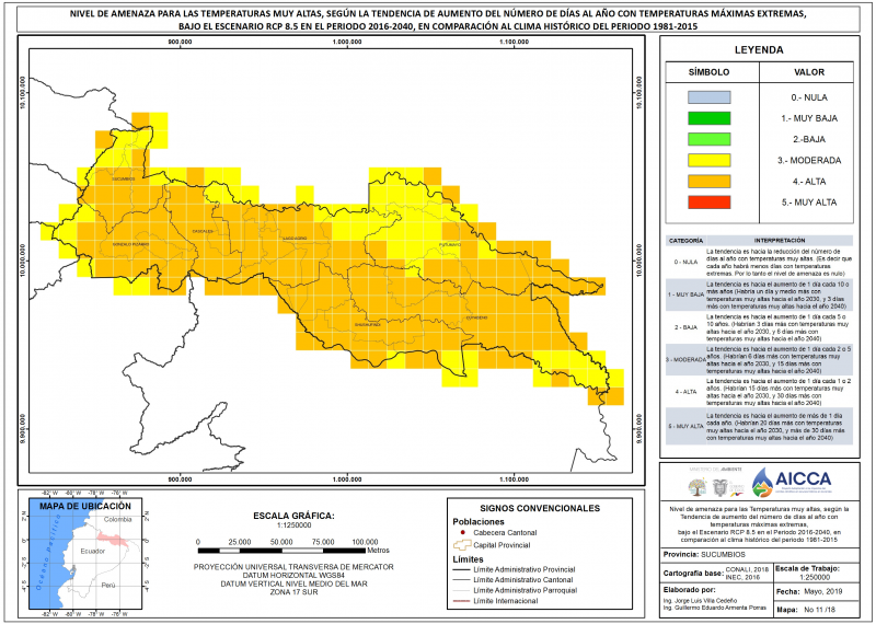Mapa de índice de temperaturas muy altas provincia Sucumbíos